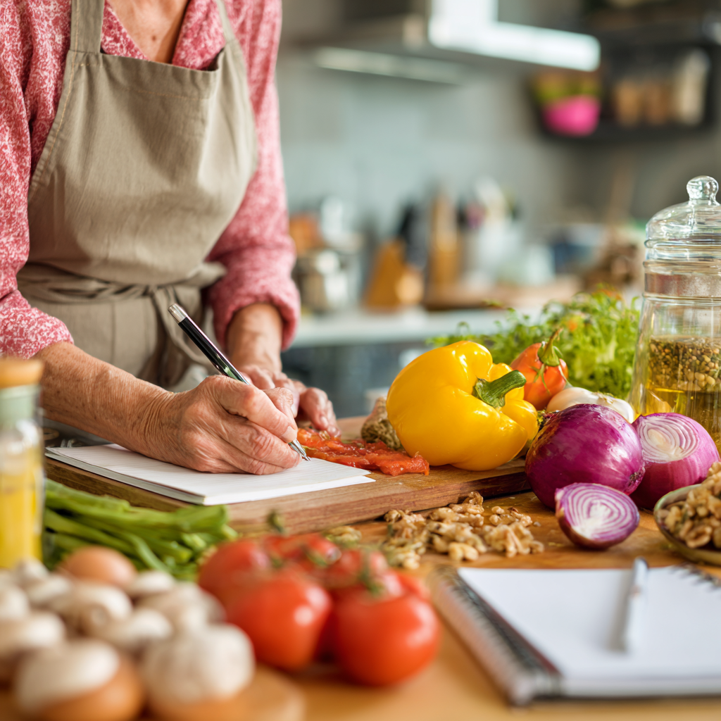 Mature adult preparing nutritious meal with colorful ingredients and planning tools