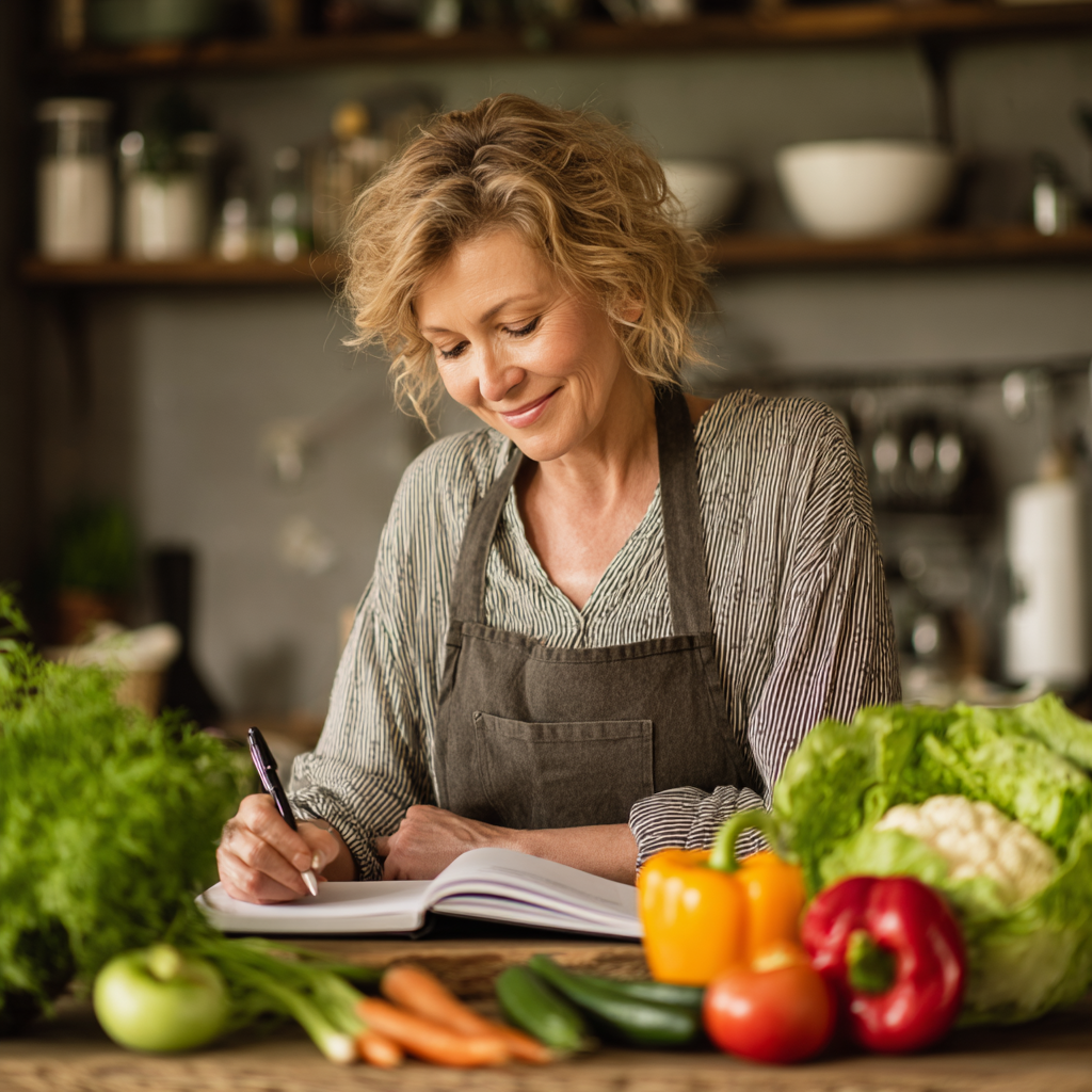 Middle-aged woman planning healthy meals with fresh vegetables and notebook
